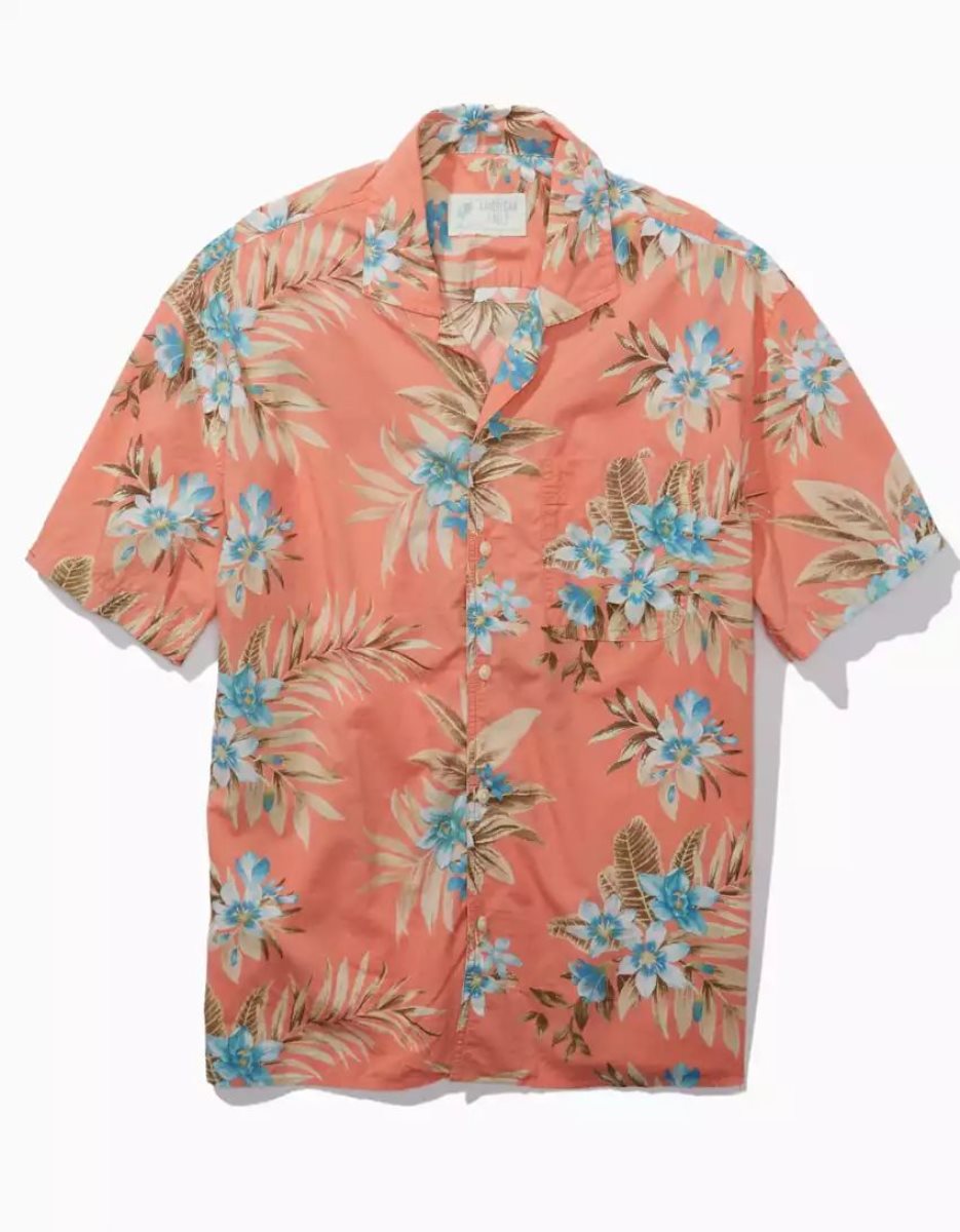 Hauts Flanelle American Eagle AE Tropical Button-Up Poolside Shirt Orange Homme | KRS-02439803